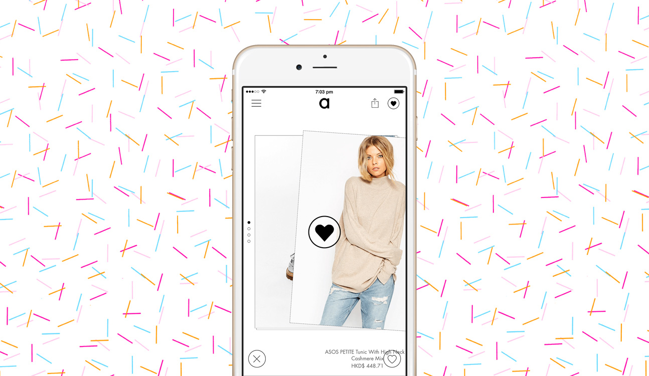 ASOS app in action on a mobile phone with colourful background